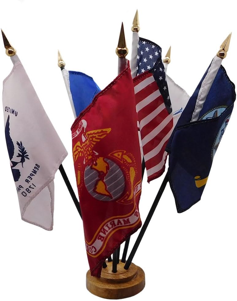 USA 6 Military Flags Desk Set With 6 Hole Wooden Base