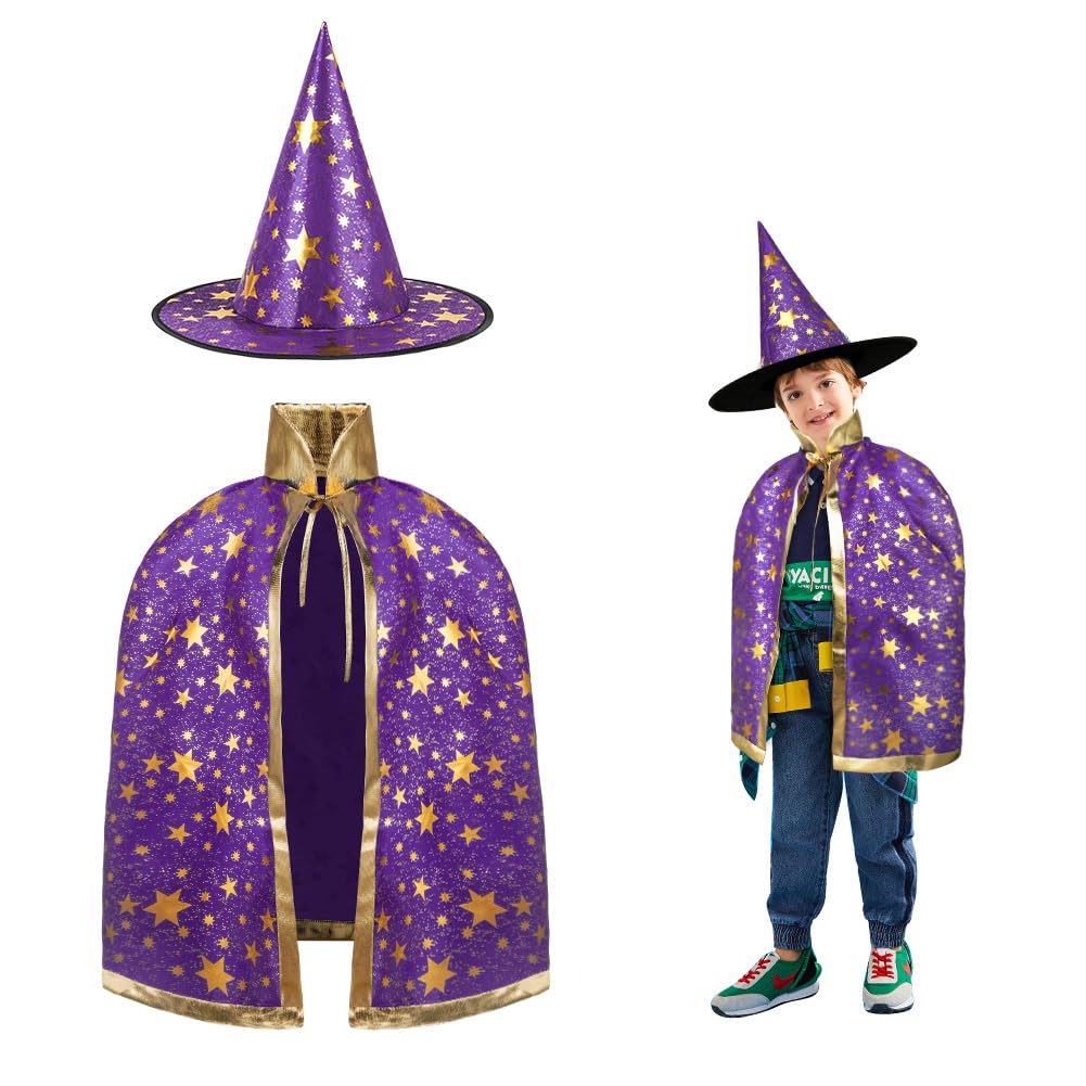 Kinder Halloween Kostüm, Zauberer Kostüm Kinder, Wizard Cape Witch Umhang mit Hut, Kinderkostüm Hexenhut Faschingskostüm für Karneval Fasching Cosplay Junge Mädchen