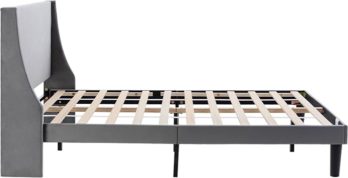 BTM Double Bed Frame, 4FT6-135x190cm Upholstered Double Bed with Winged Headboard, Velvet Grey with Wood Slat Support