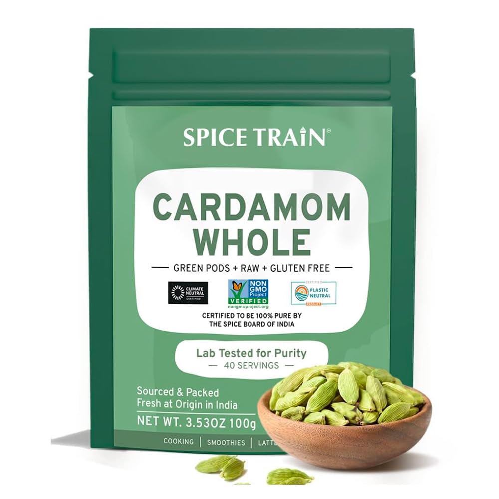 SPICE TRAIN,Green Cardamom Pods (100g) Large size Green Elaichi | Pure, Non GMO, Gluten Free | 100% Raw from India | Resealable Zip Lock Pouch