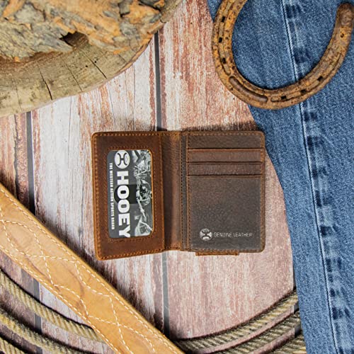 Image of HOOEY Grayson Men's Leather Bifold Money Clip Wallet - Brown & Tan Genuine Distressed Leather, Hand Tooled Western Filigree, Slim Bifold with ID Window & Card Slots