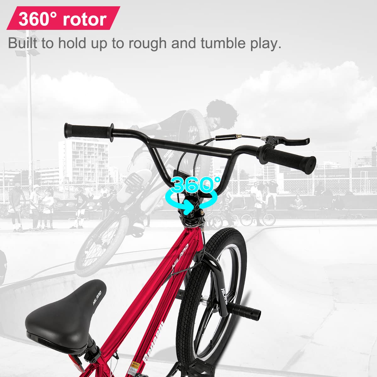 HILAND Bicicletta BMX da 20 pollici a 3 raggi，rotore da 360 gradi per Stile Libero，bicicletta BMX a 4 perni per Allenamento e acrobazie，Rosso