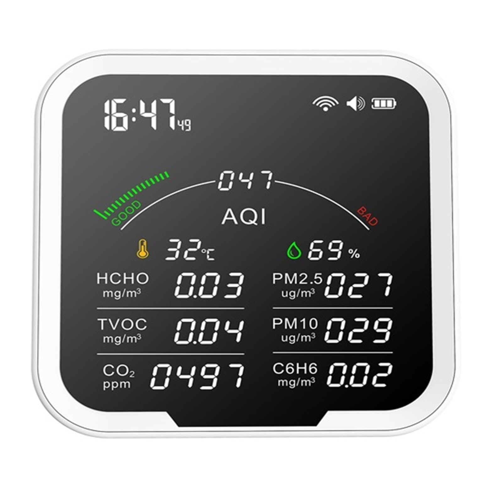 CVFRDD Multi-Function Air Quality Monitor Thermohygrometer Clock Alarm And Gas Detector Of PM2.5/PM10/HCHO/C6H6/CO2 Sensor