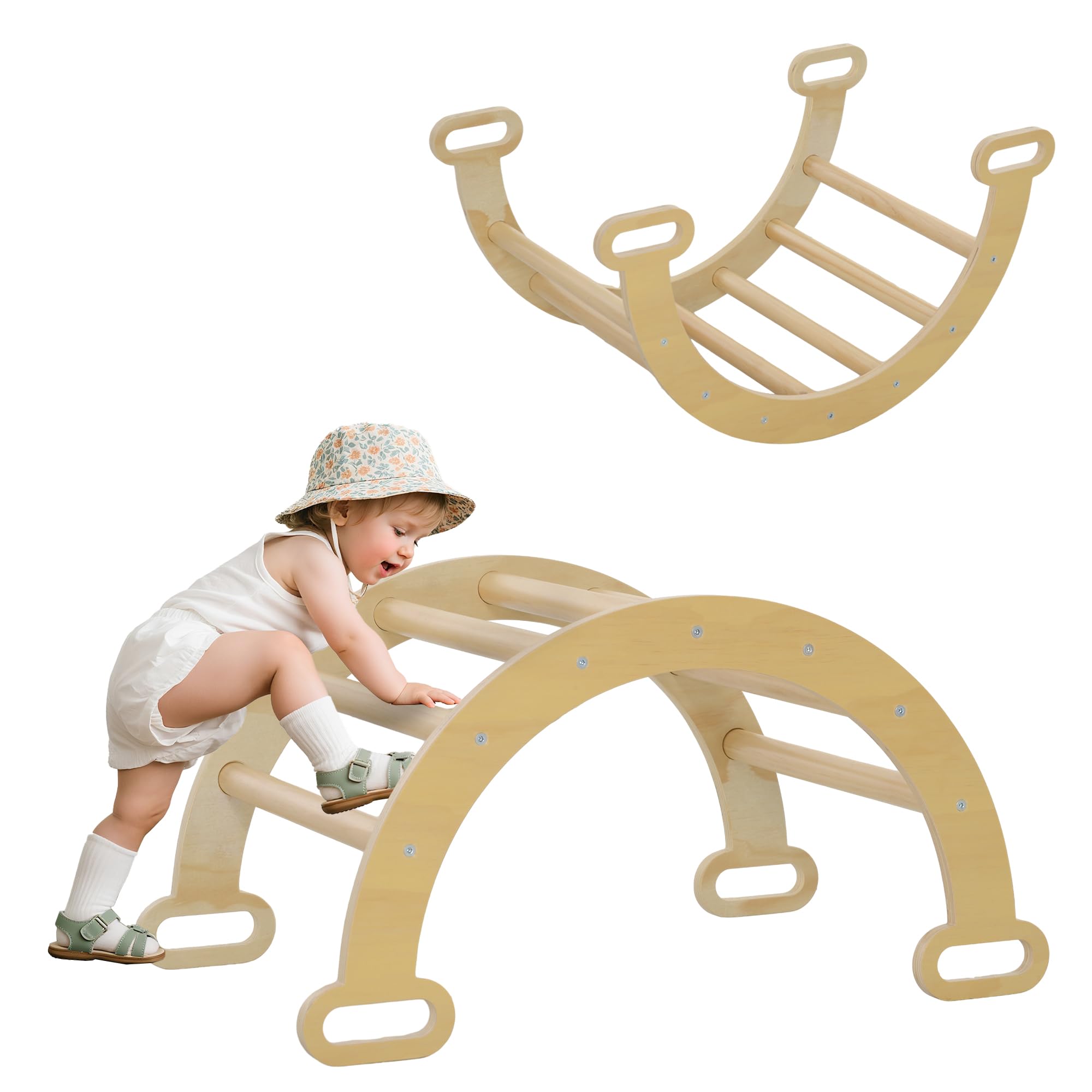 AIYAPLAY Arche Escalade Enfants, Arche Bébé 18-48 Mois Bois Naturel | Parcours Motricité Bébé en Bois, Aire de Jeux Bascule d'Intérieur, Garçons & Filles