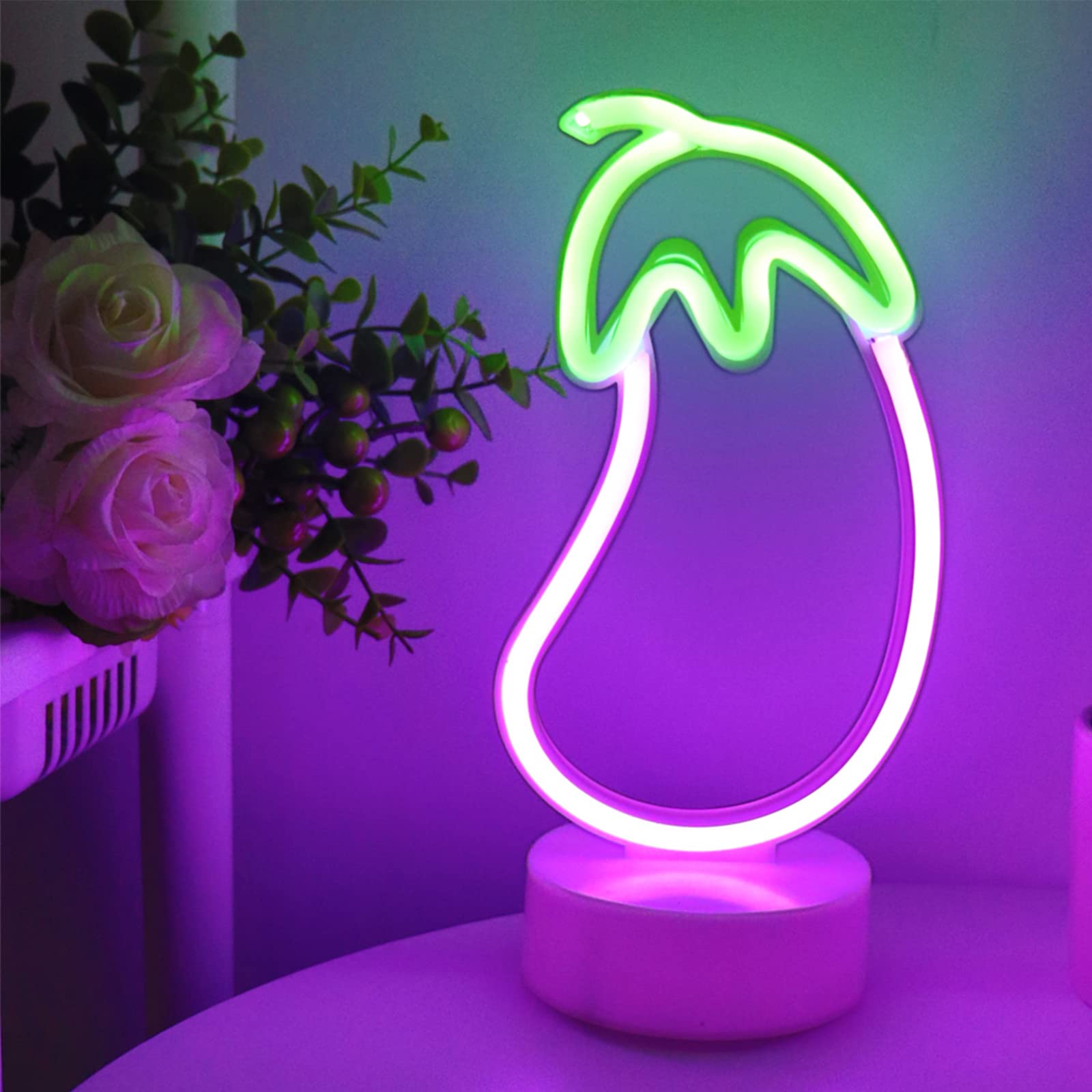 ENUOLI Eggplant Shaped Neon Sign,LED Eggplant Neon Sign for Bedroom Purple Eggplant Lights USB/Battery Operated Lamp Purple Room Decor Light Up for