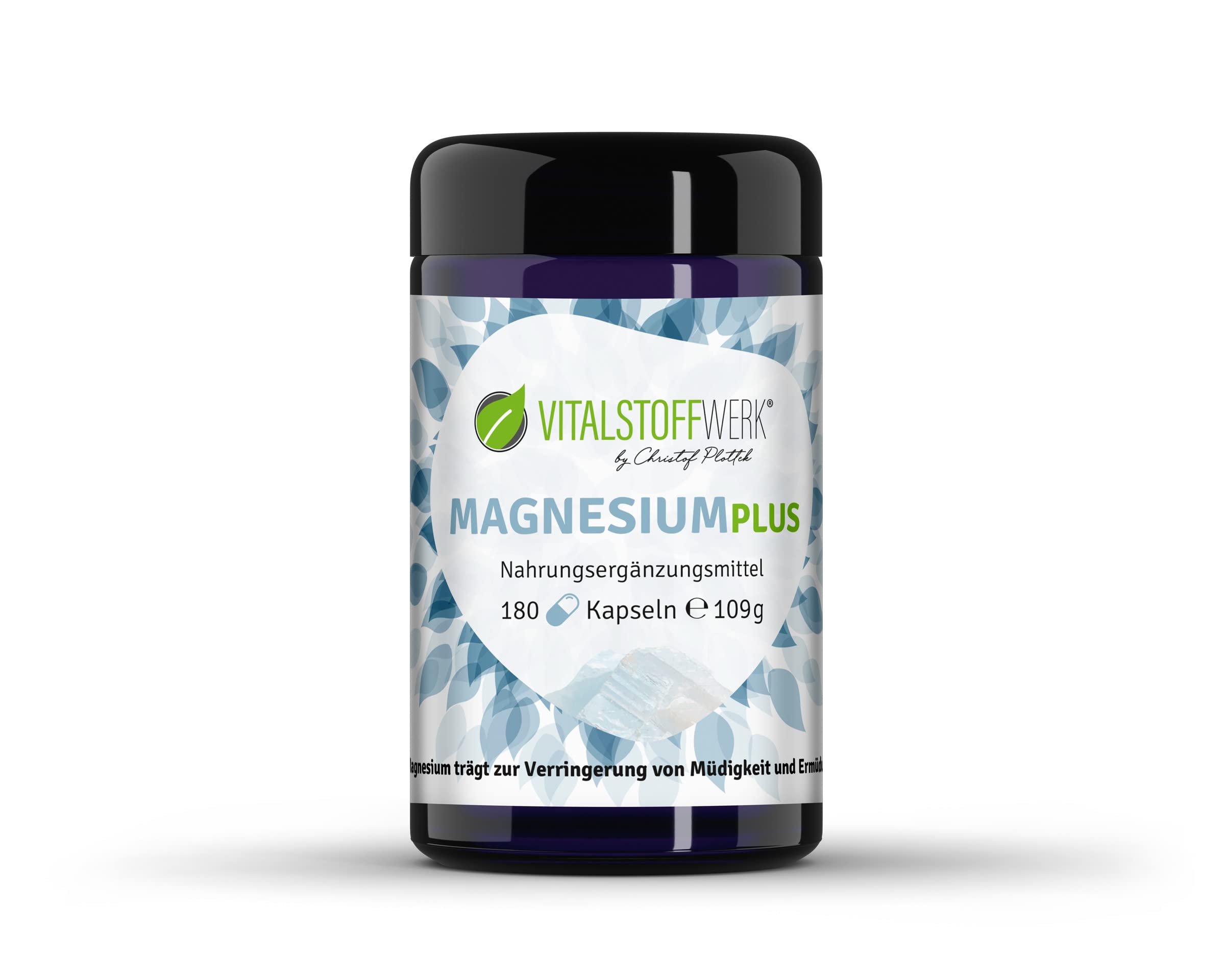 Magnesium Plus, VITALSTOFFWERK®, 180 Magnesium Kapseln, 4 Magnesiummineralien (Magnesiumcarbonat, Magnesiumcitrat, Magnesiumglycerophosphat, Magnesiumoxid), 109 g