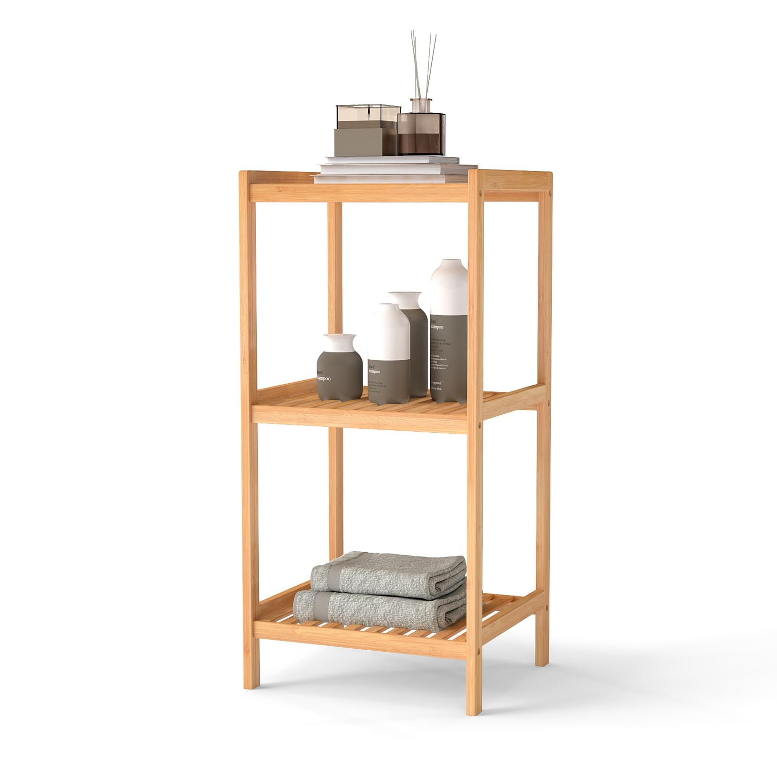 kinbor 3-Tier Bamboo Shelf Freestanding - Space-Saving Bathroom Standing Shelf & Plant Stand, 3 Shelf Bookcase for Kitchen, Living Room, Office (