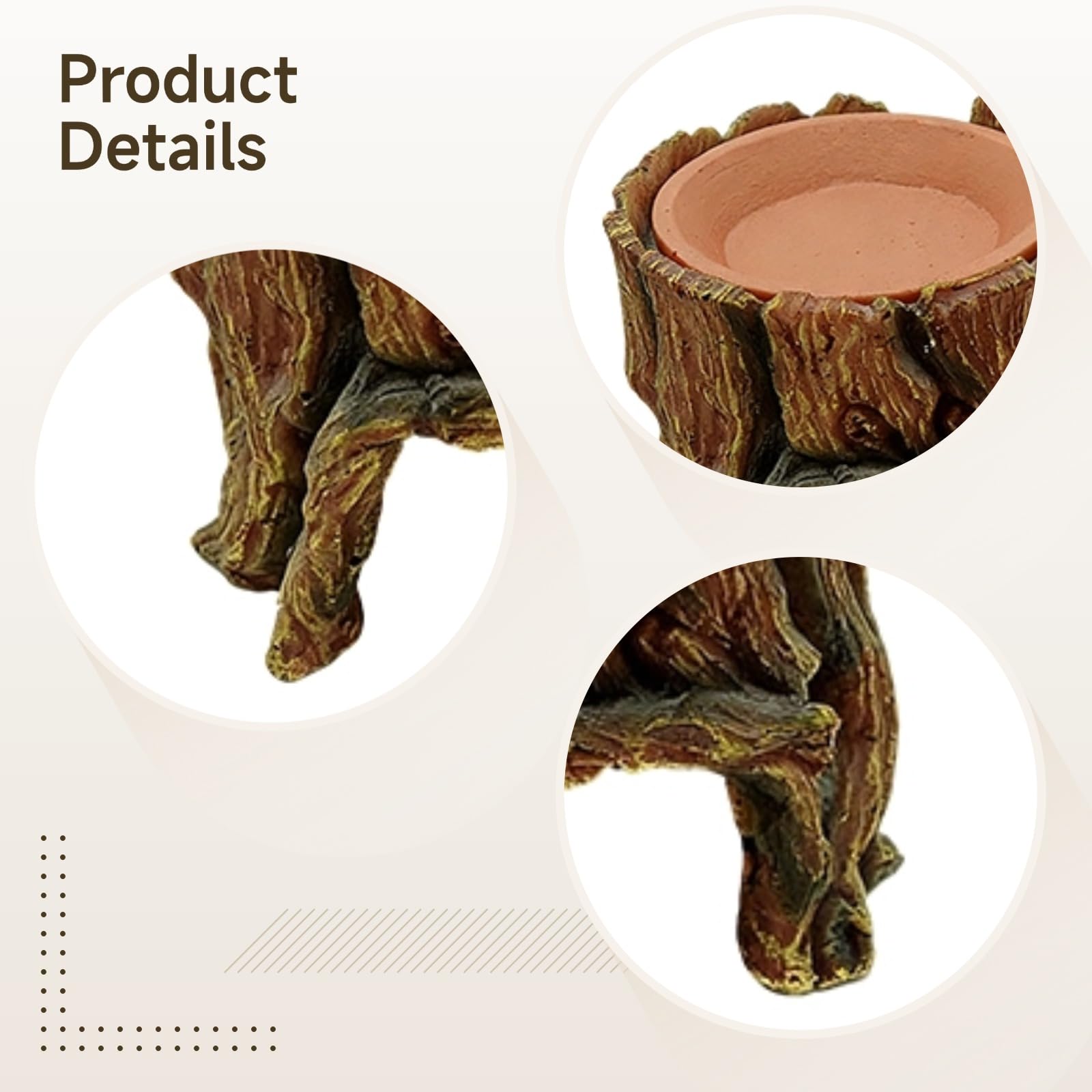 Nascondiglio per rettili marrone a forma di tronco d'albero, grotta umidificante con ciotola dell'acqua in ceramica rimovibile, 13 x 14 x 14 cm, decorazione per acquario, tartaruga di terra, lucertola