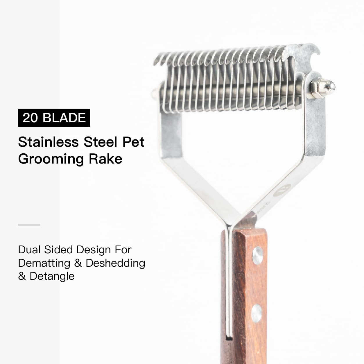 Pet Dematting Rake with 2 sided Professional Pet Grooming Rake for Dogs and Cats 20 Blades Deshedding Detangle Thinning Undercoat Comb and Face Comb Kit with Wooden Handle