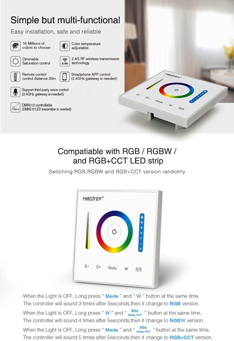 LGIDTECH P3 Wall-Mounted Full Touch Panel Controller for 3528 5050 2835 RGB RGBW RGB+CCT Dimmable Color Changing LED Strip Lighting DC 12-24V 10A 120W 240W.Support Voice and DMX512 Control
