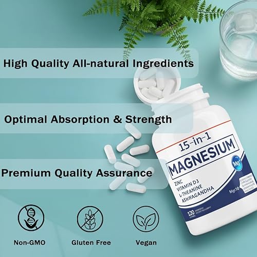 Miniatura 4 de PuraVita 15 en 1 cápsulas de glicinato de magnesio, con Ashwagandha y L-teanina, suplementos de cortisol, apoya la salud ósea, muscular, nervios y