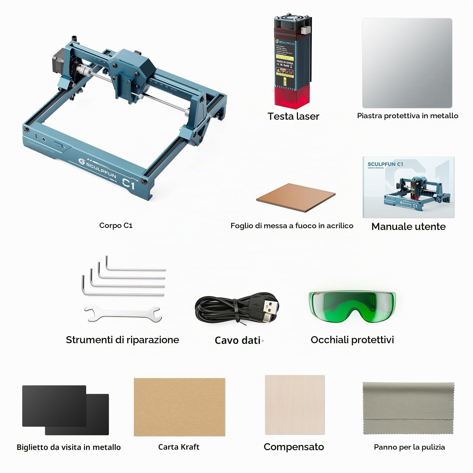 SCULPFUN Mini macchina per incisione laser C1 da 3 W con mini rullo girevole RA, macchina per incisione laser ad alta precisione da 0,04 mm, velocità fino a 10.000 mm/min