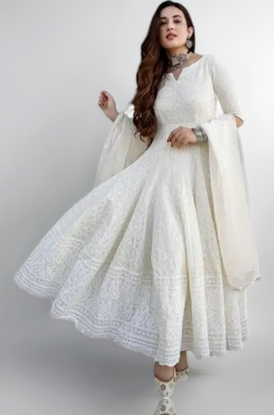 Women's Cotton Blend White Chikankari Anarkali Gown with Dupatta | Dresses for Girls | Pant Not Included ||