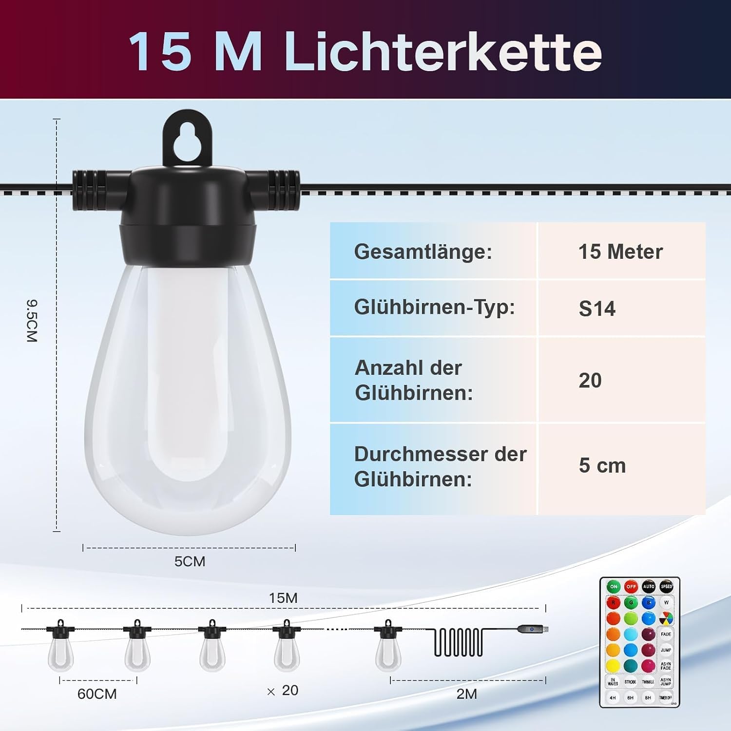 Ciskotu Cadena de luces para exteriores, multicolor, para exteriores, 15 m, G40, iluminación LED, para balcón, exterior, IP65, cadena de luces con mando a distancia