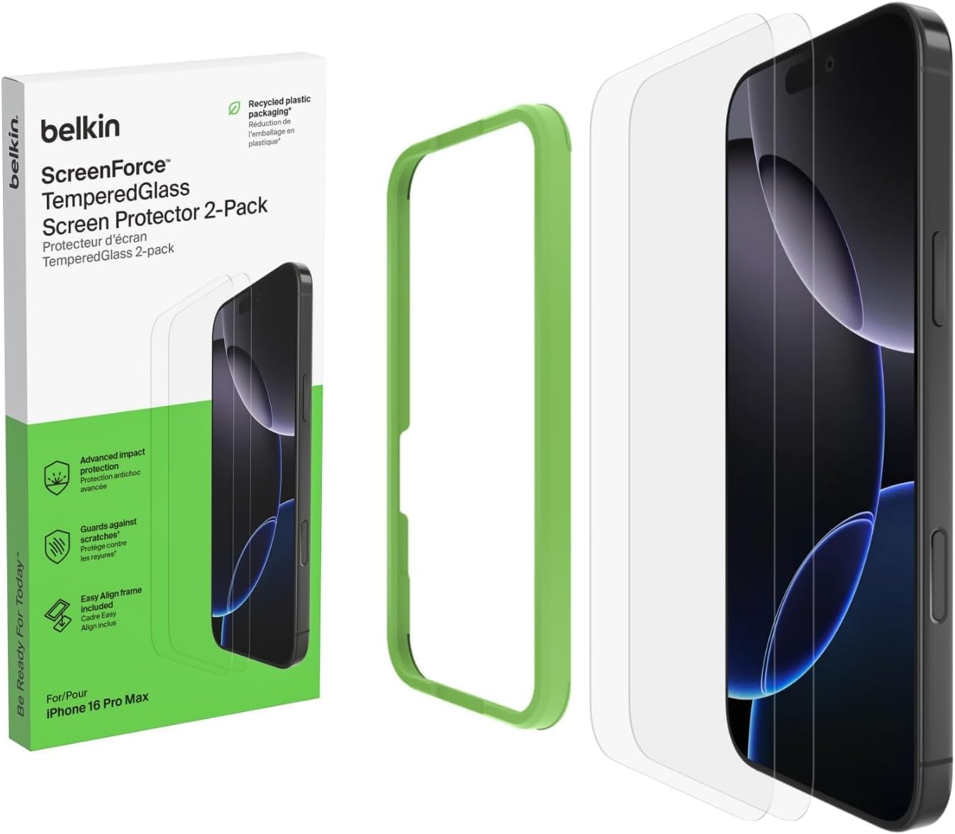 Belkin ScreenForce InvisiGlass iPhone 16 Pro Max Screen Protector, Scratch-Resistant Impact Protection, Easy Align Tray for Bubble-Free Application, Made with Recycled Glass, 1 Pack