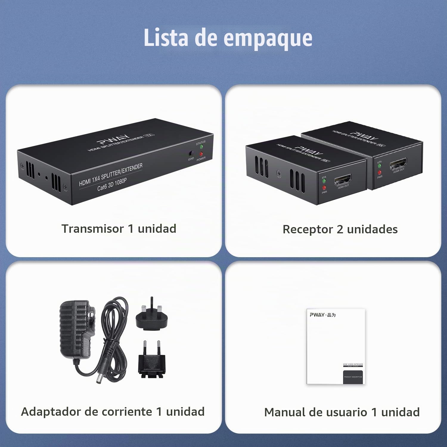PW-HTS0102 (POC) 1X2 Splitter HDMI Extensor de Divisor Puerto sobre Cat5e/Cat6 Cable Ethernet con Control Remoto Sin demora hasta 50m/165ft y Resolución hasta 1080P@60 Hz (1 In 2 out)