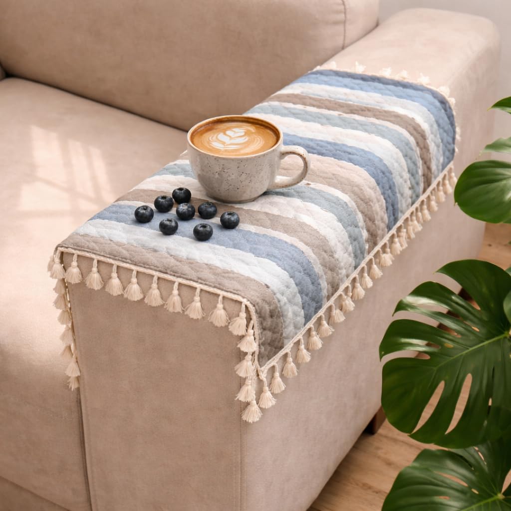 STITCHNEST Printed Quilted Sofa Arm Cover with Tassels | Stylish Hand Rest Protector | Soft & Durable | 18 x 22 Inches