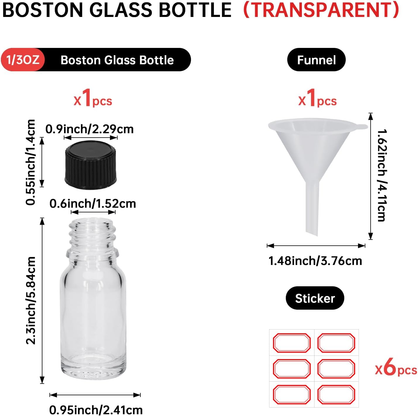 1PC 1/3 oz (10 ml) small Boston Glass Bottles with Screw Caps, Mini Glass Essential Oil Bottles with Funnel & Labels, Thick Glass Sample Bottles for Oils, Liquids & Storage (Clear)
