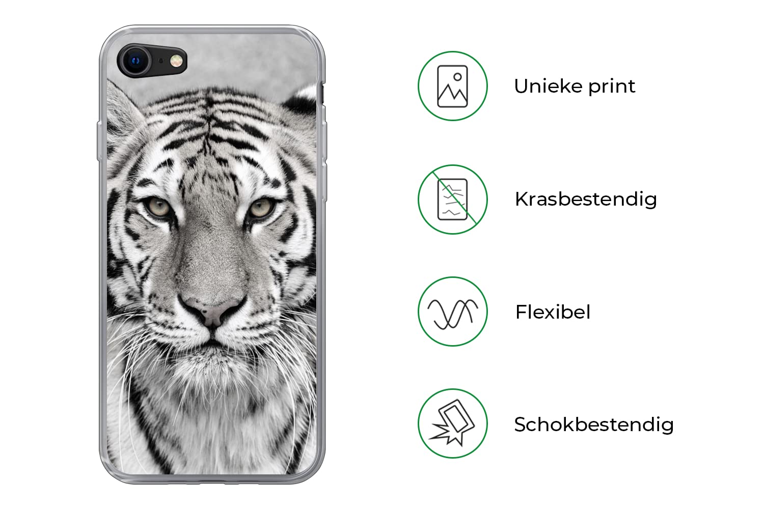 MuchoWow Funda para iPhone SE 2020 - Tigre - Naturaleza - Negro - Blanco - Funda de Silicona/Funda Blanda para teléfono móvil