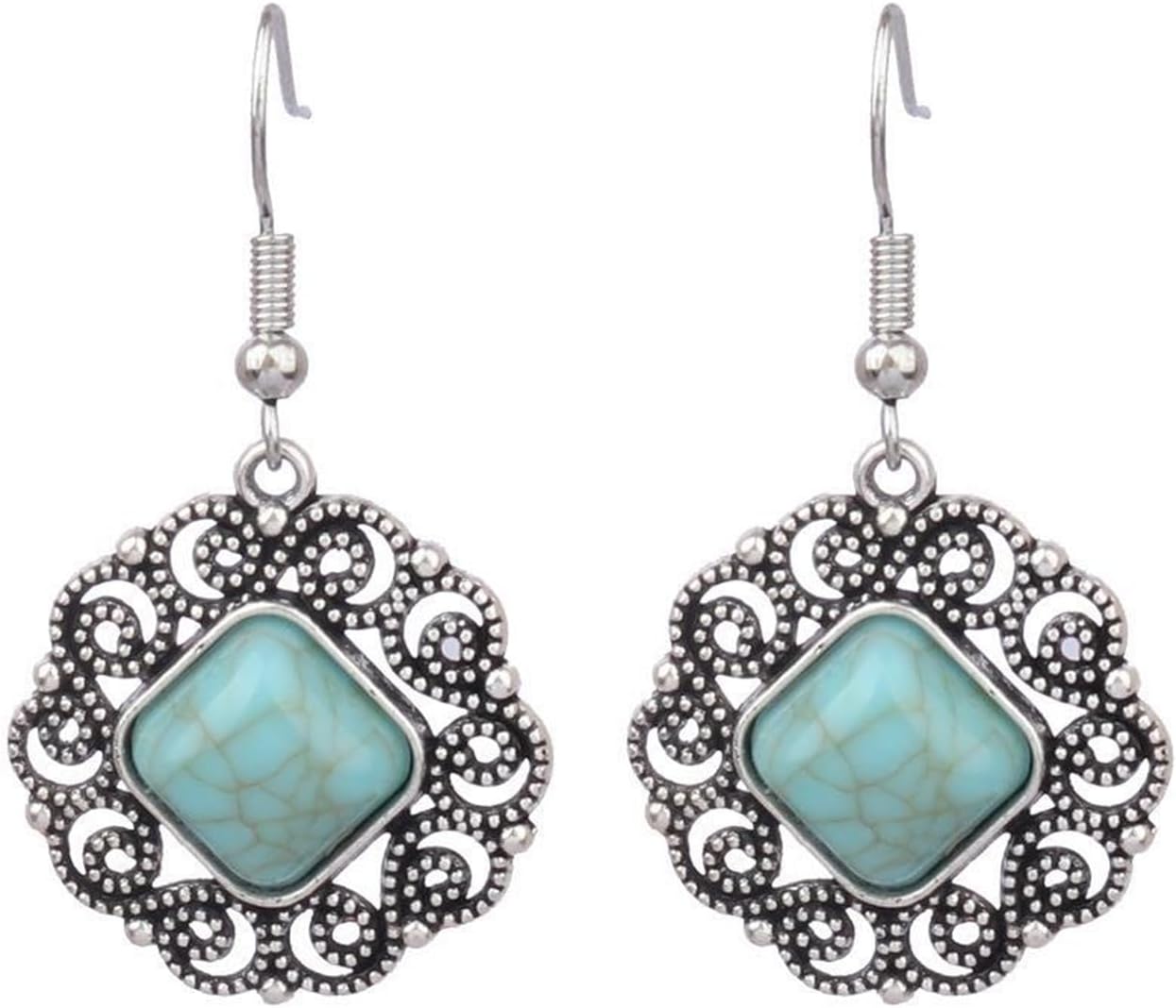 MALOYANVE Handmade Boho Earrings for Women Unique Vintage Bohemian Ethnic Tibetan Turquoise Engraved Flower Pattern Round Geometric Dangle Drop Statement Earrings Handmade Jewelry Gifts