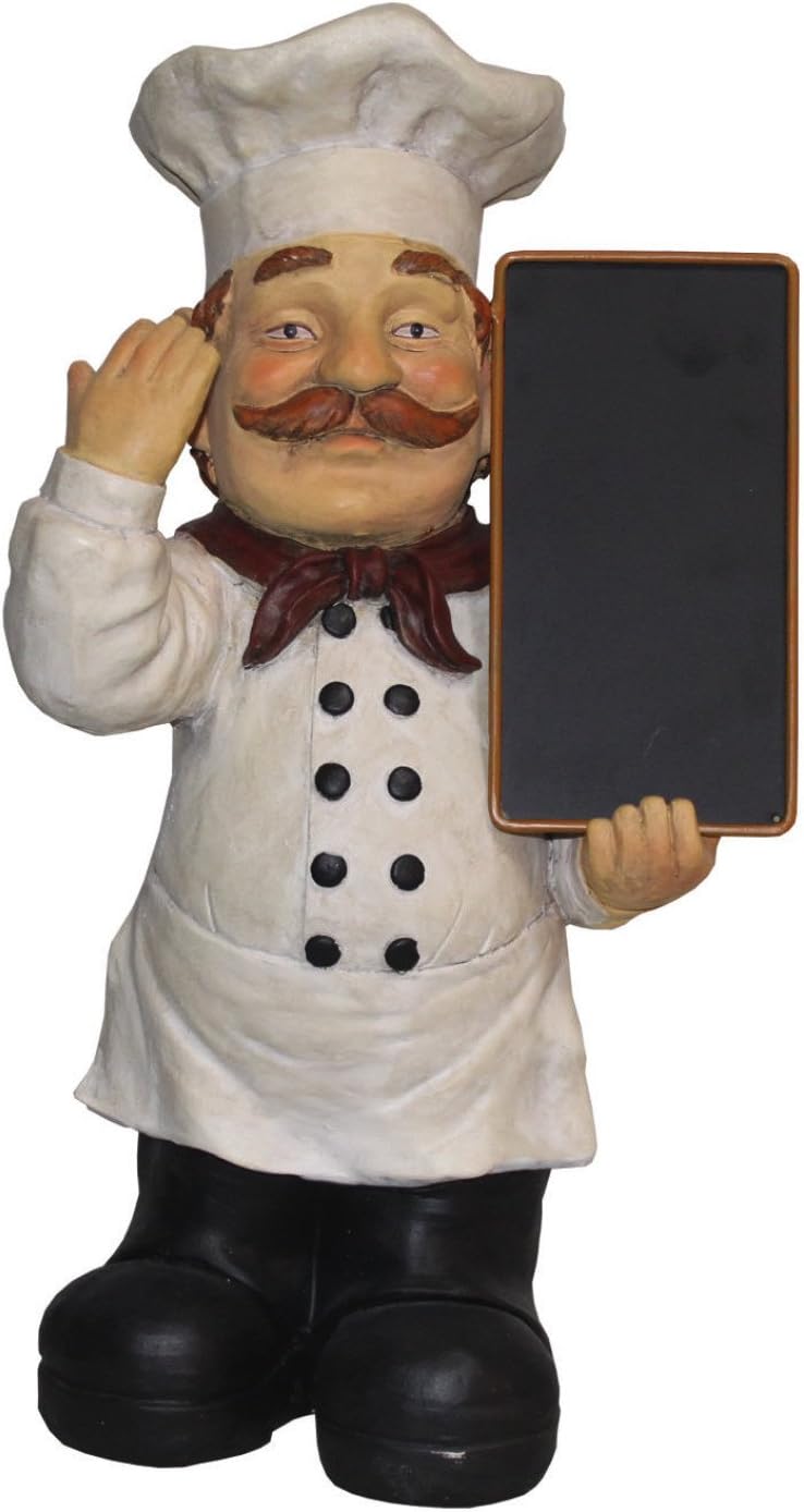 Decorative Figurine Chef with Menu Card, Height 57 cm, Magnesia Ceramic Metal Plate, Catering Table Decoration