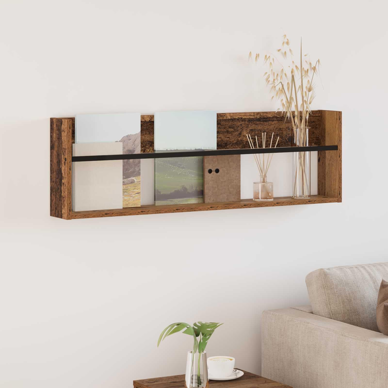 Regał na magazyny, stare drewno, 100 x 12 x 30 cm, materiał drewnopochodny, montowany na ścianie, z regałem, uniwersalny stojak na czasopisma, do salonu, biura, korytarza, praktyczne
