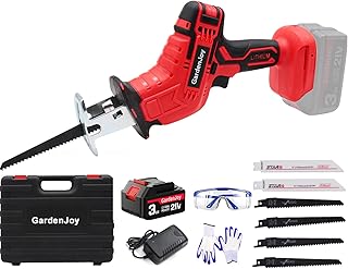 GardenJoy Cordless Power Reciprocating Saw: 21V Electric Compact Saw with 3.0Ah Battery and Charger, 6 Saw Blades, Variable Speed, Battery Powered Saw with Tool Box for Woods/Metal/Plastic Cutting