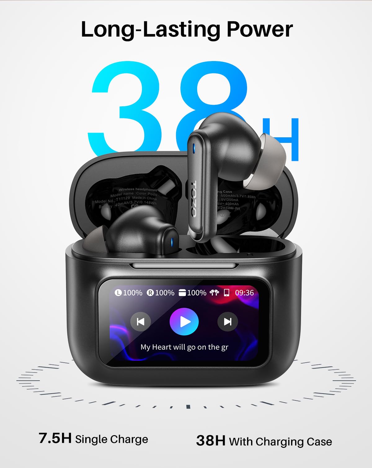 TOZO Auricolari ibridi con cancellazione attiva del rumore con touch screen intelligente, riproduzione MP3 locale, auricolari wireless ANC da 38 dB, 4 Mic ENC, bassi profondi, 38H, IPX8, auricolari