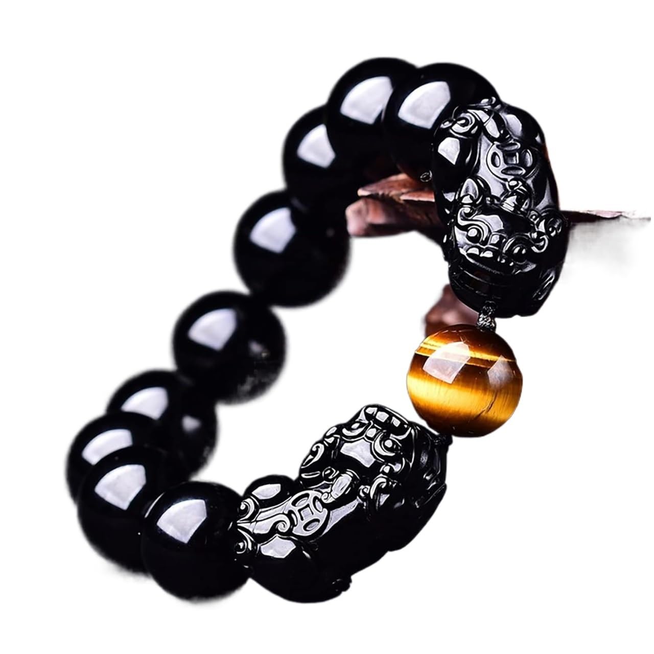 HLTYGWX Schwarzes Obsidian-Armband, doppeltes Piyao-Rundperlen-Armband, natürliches Tigerauge, verstellbar, für Damen und Herren, 16 mm