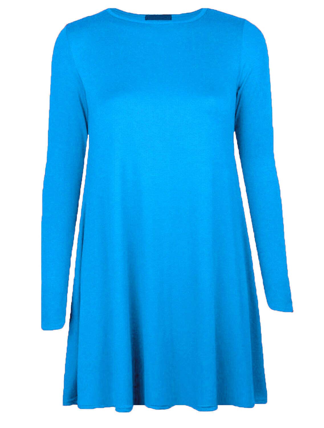 WearAll Plus Size Womens Plain Long Sleeve Stretch Ladies Swing Dress Top - Turquoise 20-22