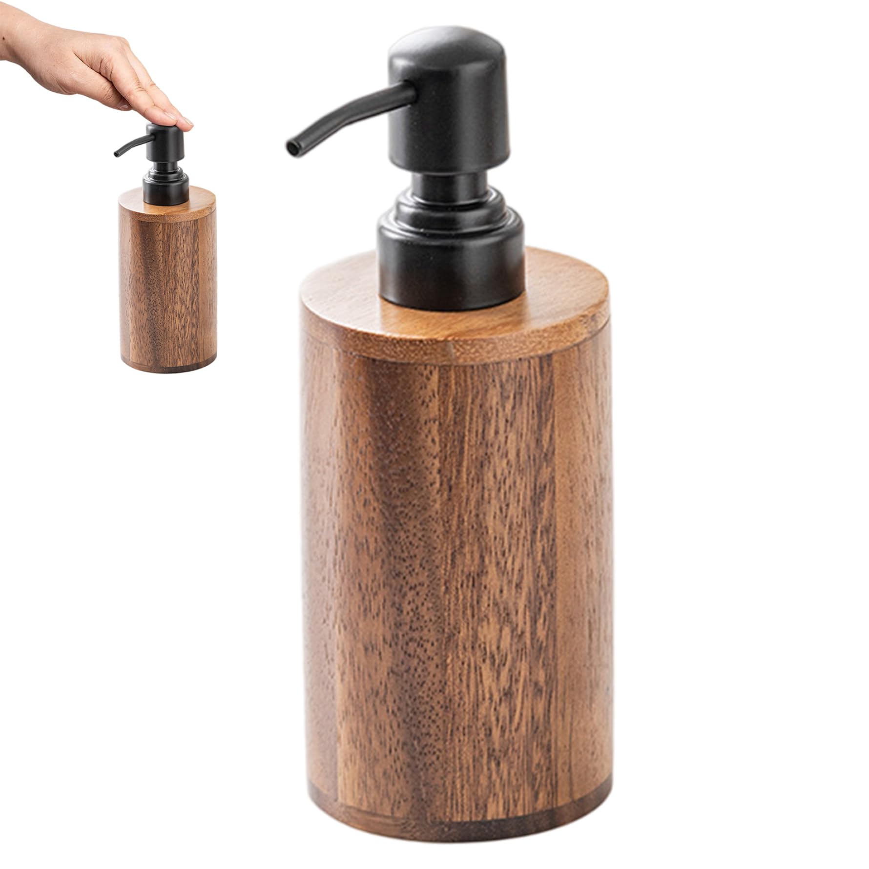 Round Cylinder Walnut Wood Soap Dispenser with Pump Head 200ml – Soap Dispenser for Bathroom Kitchen Countertop