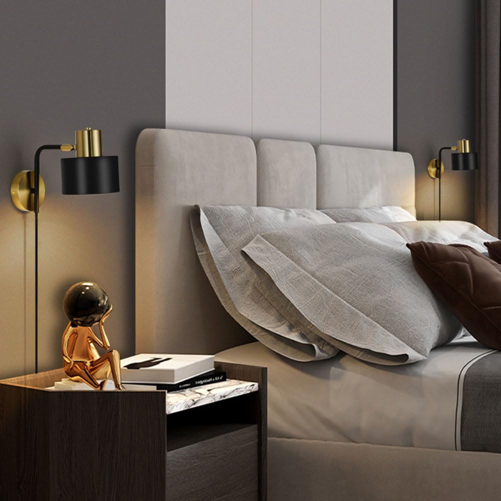 AoLa Vintage Wandleuchte Innen mit Schalter Wandlampe mit Steckdose und Kabel, E27 Verstellbar Nachttischlampe 360° Drehbar Metall Leselampe für Schlafzimmer Wohnzimmer Büro (Schwarz)