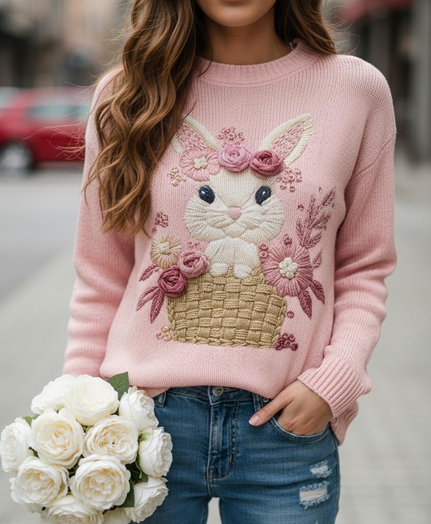 Women's Fall Winter Soft Warm Oversized Floral Print Crewneck Sweater, Casual Fashion Long Sleeve Cozy Knit Pullover - Image 2