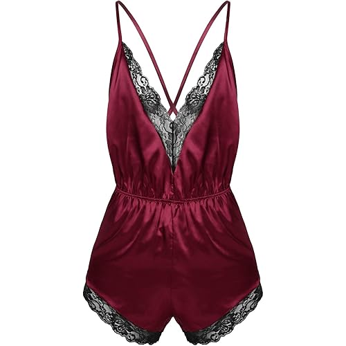 FGHSFRT Mens Lingerie Sleeveless Lace Trimmed Shiny Satin V-Neck Pajamas Bodysuit Nightwear Burgundy