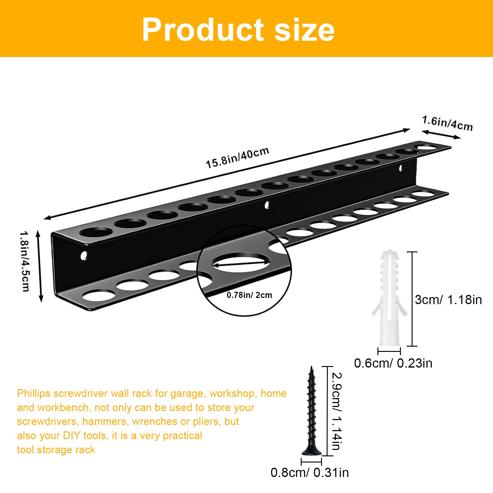 PARFCO Schraubendreher-Halterung Wand – 40 Cm, 14 Löcher, Mit Schrauben & Dübeln, Stabil Aus Eisen, Für Garage, Werkstatt & Werkbank, Schwarz, Zur Aufbewahrung Von Werkzeug
