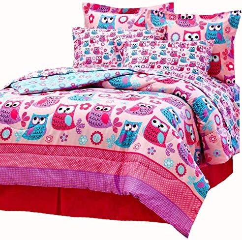Lauren Cole Nature Hoot Owls & Flowers Girls Pink Teal Twin Size Comforter & Sheets Bed Set