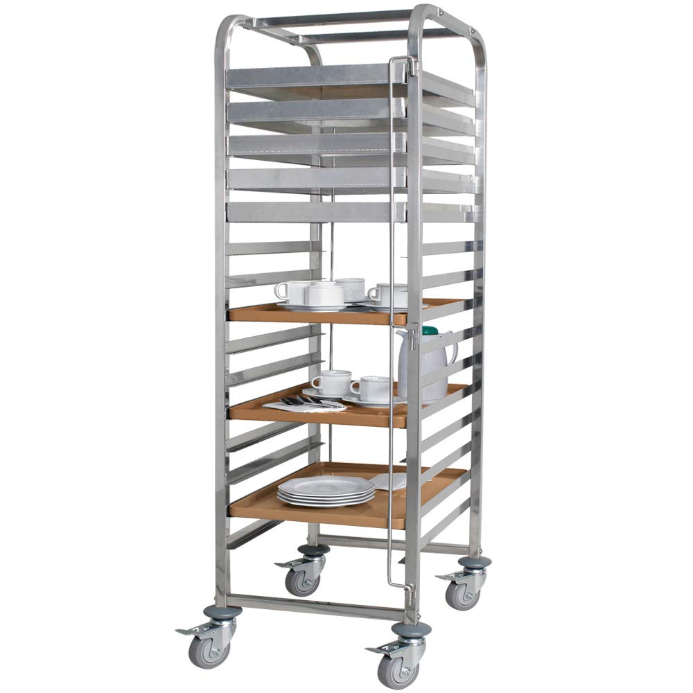 BRB Tablettwagen/Abräumwagen aus Edelstahl, für 15 Tabletts oder Backbleche, BxTxH 620x470x1735 mm, 4 Gummilenkrollen mit Feststellbremse