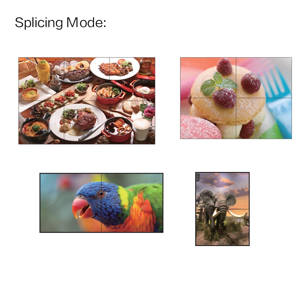 Examples of different video wall splicing modes, including a 2x2 grid, a 2x3 grid, and individual displays.
