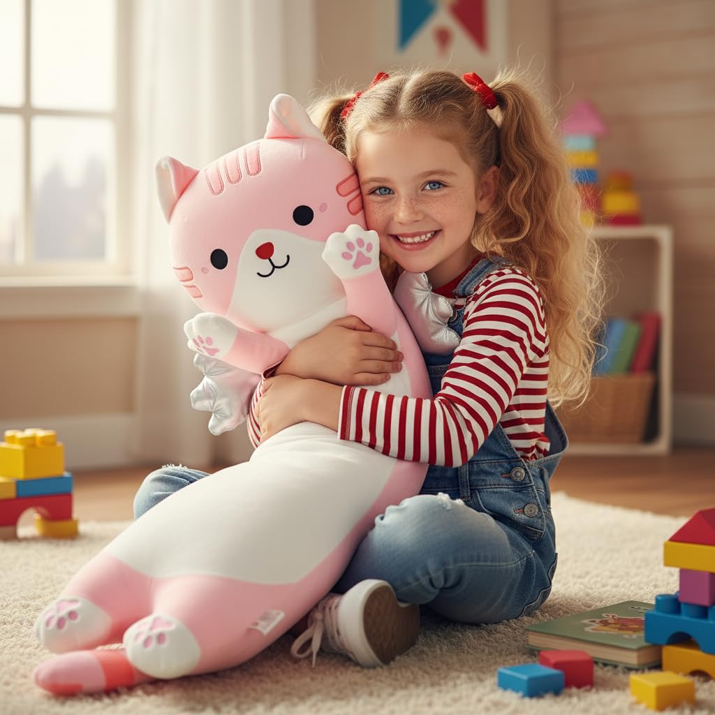Kekeso Cuscino Peluche Gatto Lungo, Cuscino Corpo Gatto Carino con Ali, Peluche Kawaii Morbido da Abbracciare - Regalo per Bambini a Natale, San Valentino & Compleanno(Rosa, 110cm/43.31in)