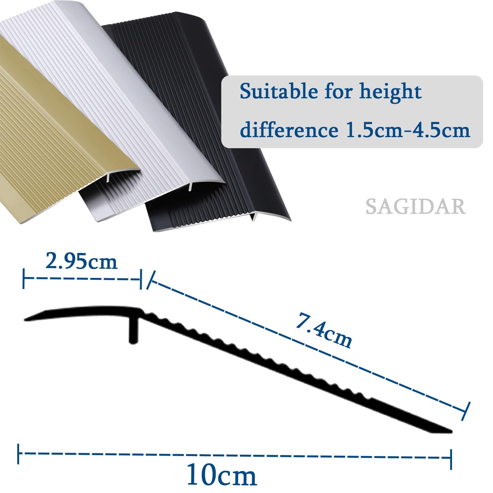 SAGIDAR Barre De Seuil, Seuil De Porte Barre Robustes, Rail De Transition en Aluminium, Baguette Recouvrement pour Porte D'entrée/Balcon, Prévenir Les Chutes, pour Sol Irrégulier/Bords Tapis