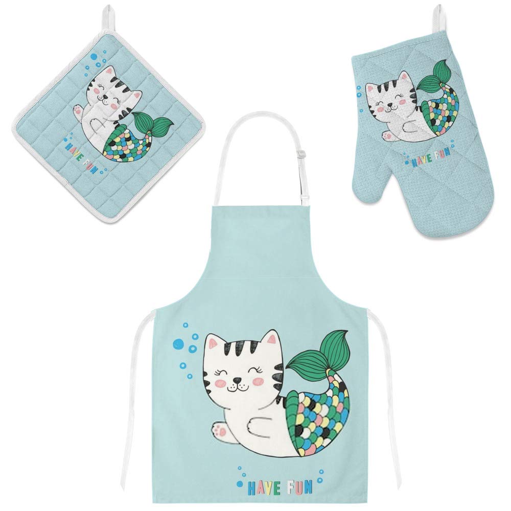 Tablier de cuisine 3 pièces avec maniques fond clair barres grises