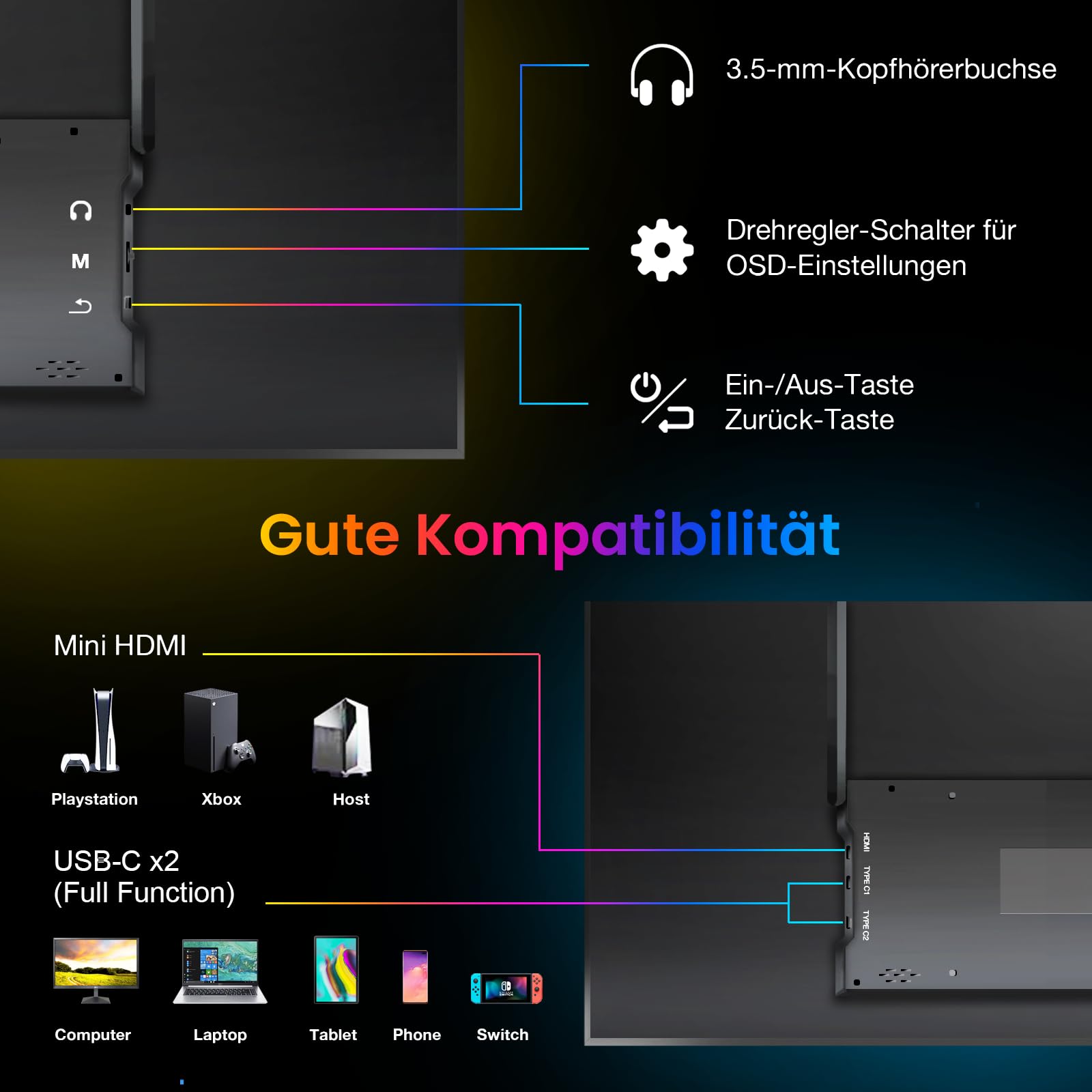 18.5" Portable Monitor 100% sRGB, 1080P Tragbare Bildschirm | Laptop Bildschirm Erweiterung mit USB-C HDMI eingebauten Lautsprechern Display für PC, Handy, Xbox, PS 3/4/5 & TV