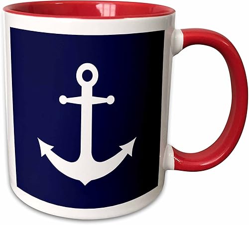3dRose Diseño de ancla náutica azul marino y blanco, taza roja, 11 onzas
