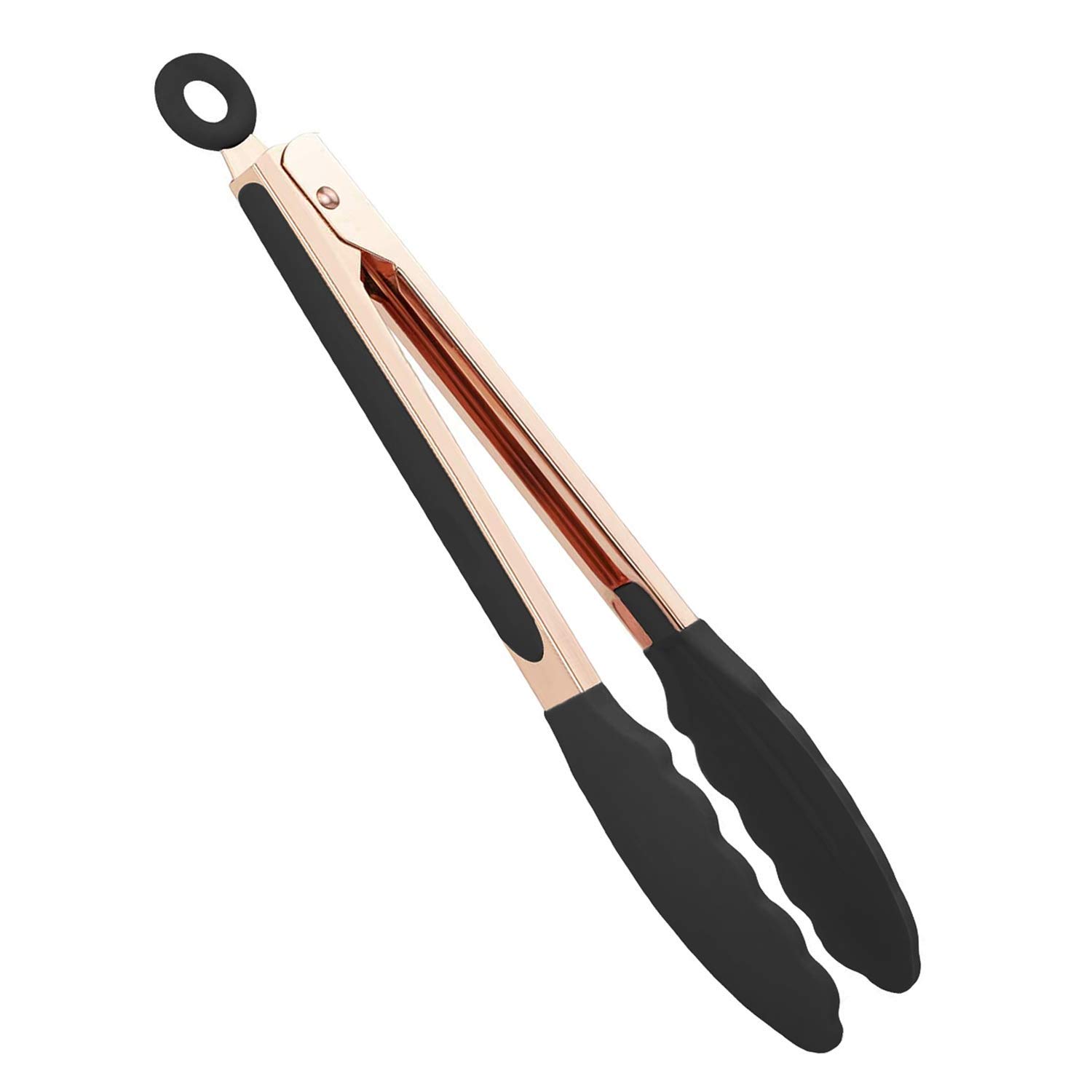 Cooking Tongs-Rose Gold Tongs Copper Stainless Steel Silicone Tipped Kitchen Food BBQ and Cooking Tongs 30CM for Non Stick Cookware, BPA Fee, Locking, Grill Tongs(Black)
