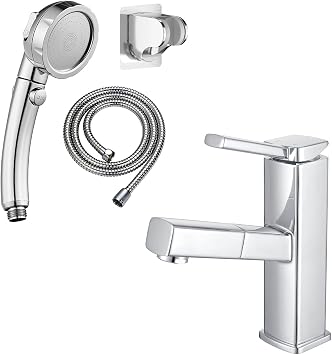 KAIYING Drill-Free High Pressure Handheld Shower Head with ON/OFF Pause SwitchChrome & KAIYING Single Hole Bathroom Sink Faucet with Pull Out SprayerRegular, Chrome