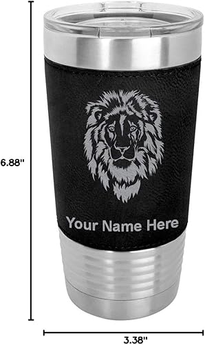 Miniatura 10 de LaserGram Vaso aislado al vacío de 20 onzas, cabeza de león, grabado personalizado incluido (piel sintética, negro)