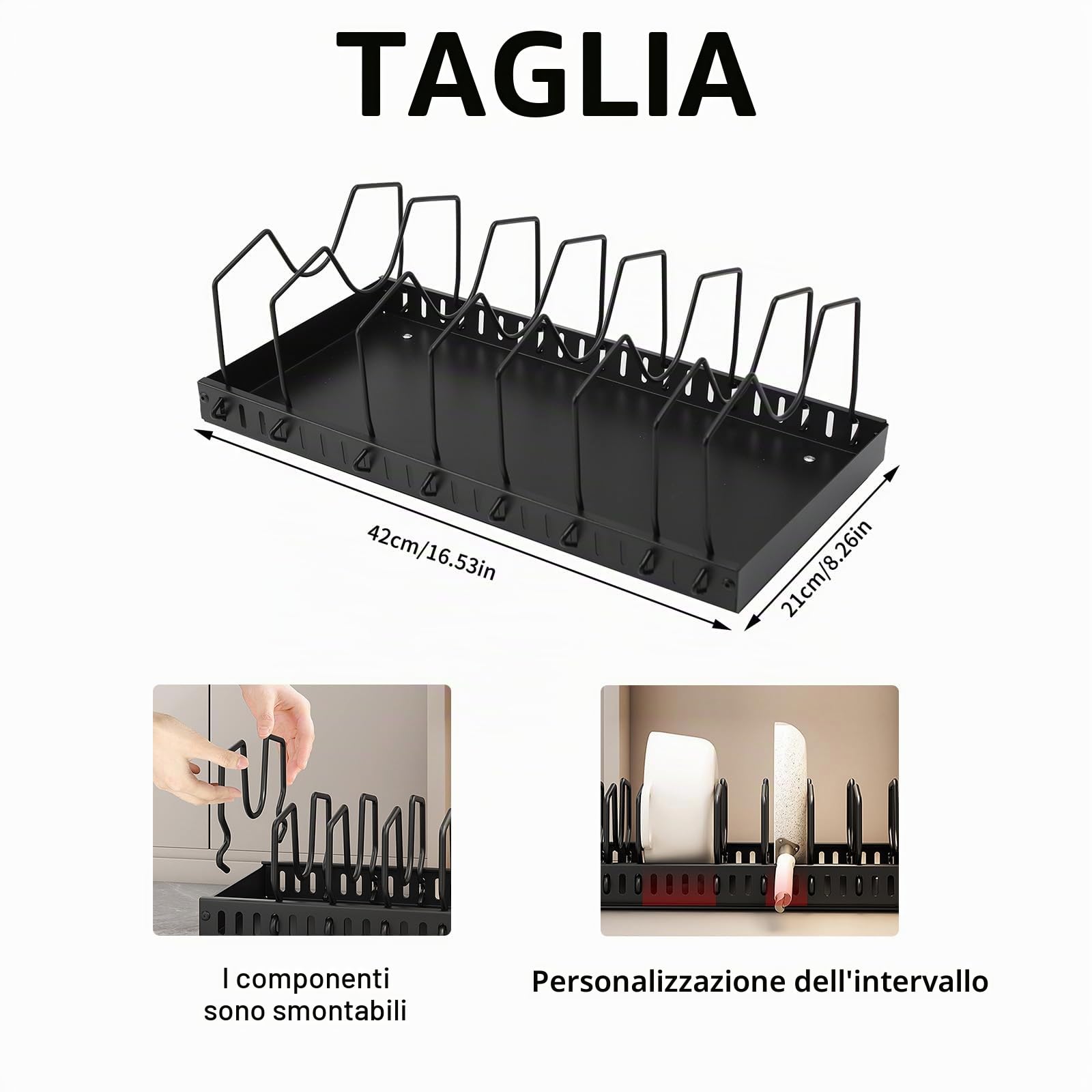 Porta Coperchi Pentole, Espandibile Porta Coperchi Pentole con 8 Scomparti Regolabili, Organizer Coperchi Pentole e Padelle per Cucina, Nero