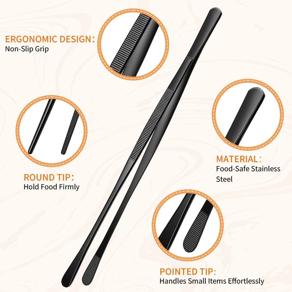 Kitchen Tweezers Tongs 2pcs, 30cm Extra-Long Non-Slip Cooking Tweezers, Stainless Steel Metal Food Tongs, for BBQ, Frying, Salad, Hot Pot, Air Fryer, Black - Straight Head + Round Head - 3