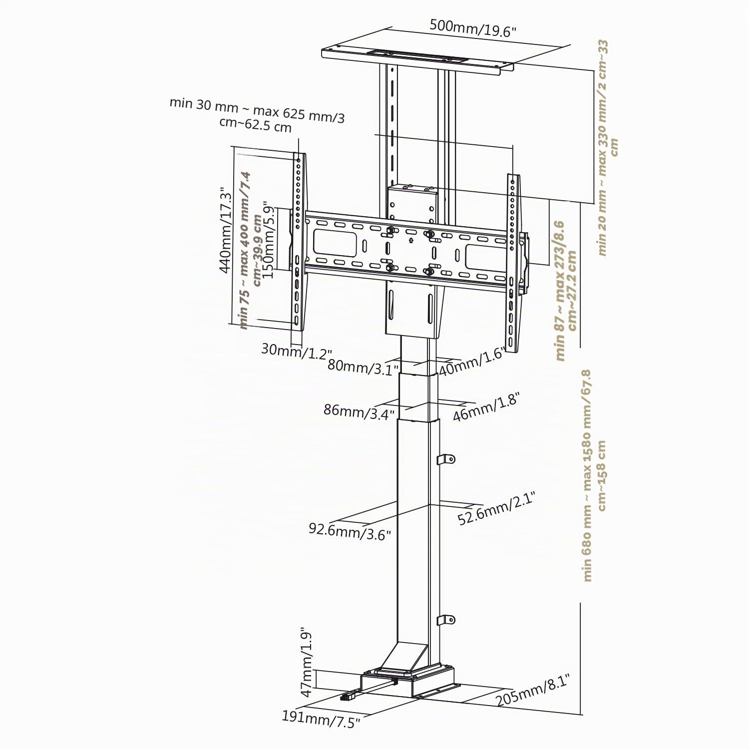 Maclean MC-866 Support TV réglable en Hauteur électriquement pour l'installation d'un élévateur TV 37-65" avec télécommande Max 50kg Max VESA 600x400