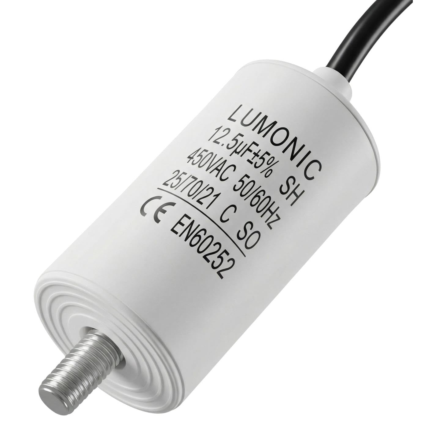 Lumonic Condensatore di avviamento 12,5µF 450V | con Filo I 34x65mm I 12,5uF I Condensatore motore con custodia in plastica I Condensatore di esercizio I per pompe, tosaerba, utensili